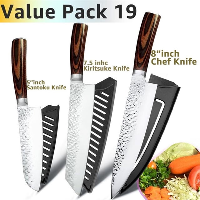 Juego de Cuchillos de Cocina Cuchillos Chef Santoku Cuchillos Japoneses de Acero Inoxidable Cuchillos Utilitarios con Hoja Martillada Forjada Ultra Afilada para Cortar, Rebanar y Cortar