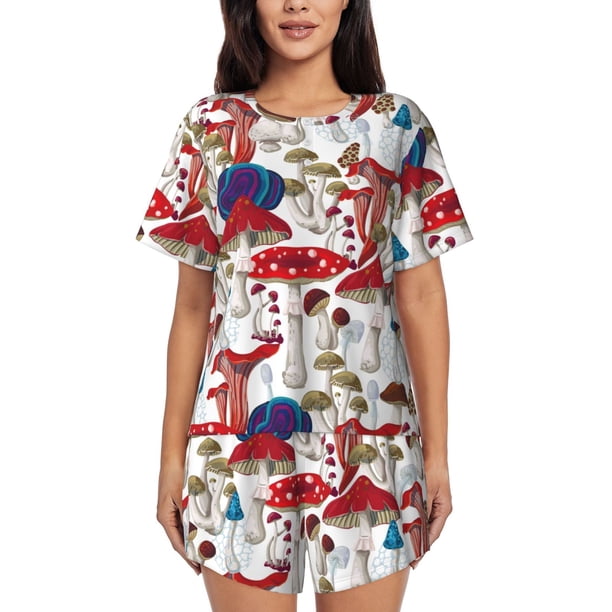 Balery Colorful Mushrooms (2) Conjunto de Pijama para Mujer con Estampado, Dos Piezas de Manga Corta y Shorts, Ropa de Dormir Suave con Cuello Redondo y Bolsillos-Small