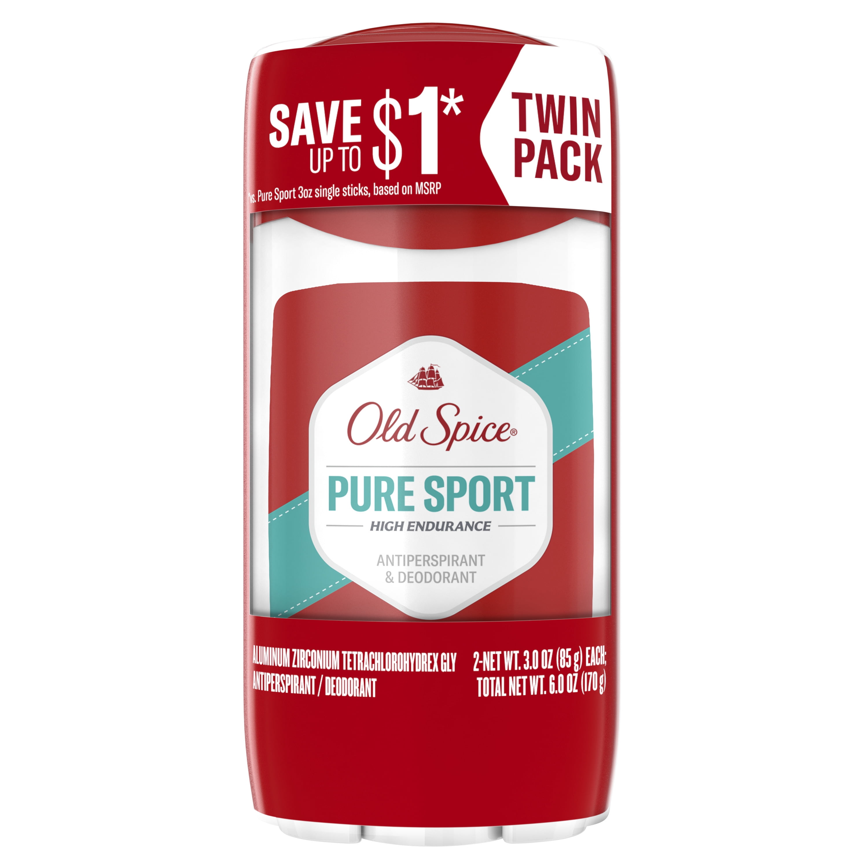 Old Spice High Endurance Anti-Perspirant Deodorant for Men, Pure Sport Scent, Twin Pack, 3.0 oz each