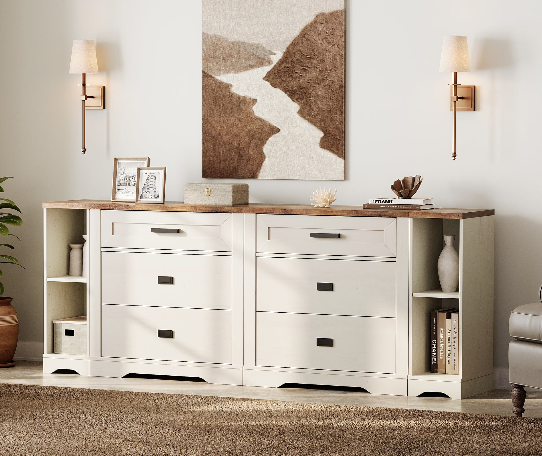 Farmhouse 4 in 1 Dresser TV Stand for 75 85 95" TVs ,Wood Entertainment Center with 6 Drawers Dresser Cabinet and Open Storage for Living Room ,White