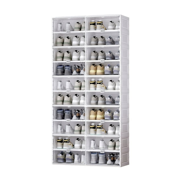 ANTBOX 10-Tier Stackable Shoe Organizer Cabinet with Magnetic Doors, Foldable Plastic Storage, Clear