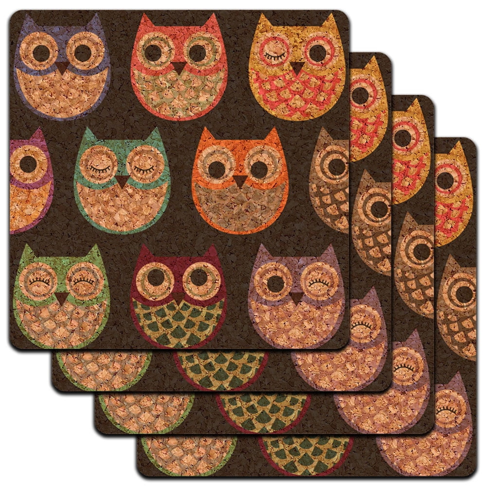 Colorful Owls Cute Owl Pattern Low Profile Cork Coaster Set