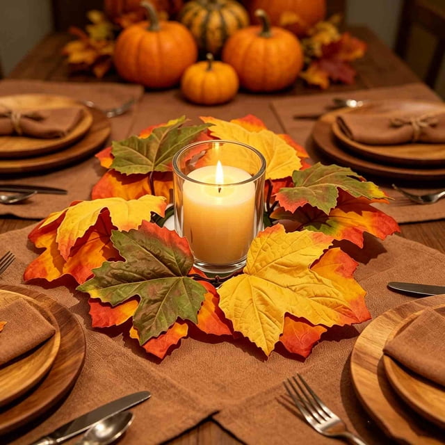 Corona de velas con forma de hoja de arce para Halloween, decoración de mesa de comedor de estilo europeo con velas – Centro de mesa de flores artificiales con portavelas festivo