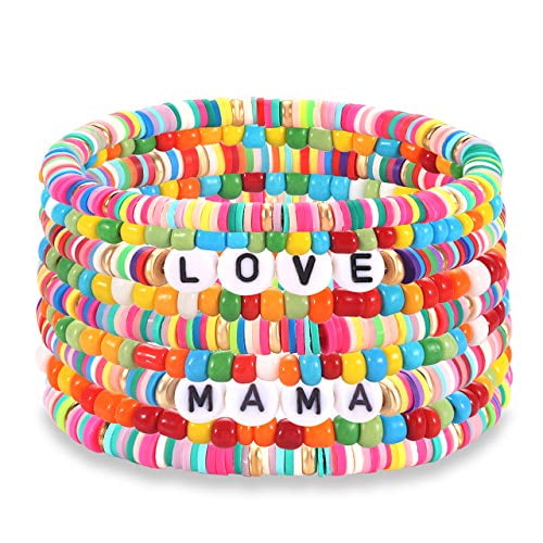 9 PCS Heishi Bead Bracelets Stackable Colorful Seed Bead Vinyl