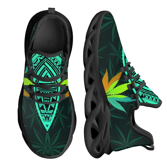 Zapatillas de plataforma con estampado 3D de hojas de marihuana verde para mujer, zapatos planos transpirables con cordones, calzado cómodo para mujer