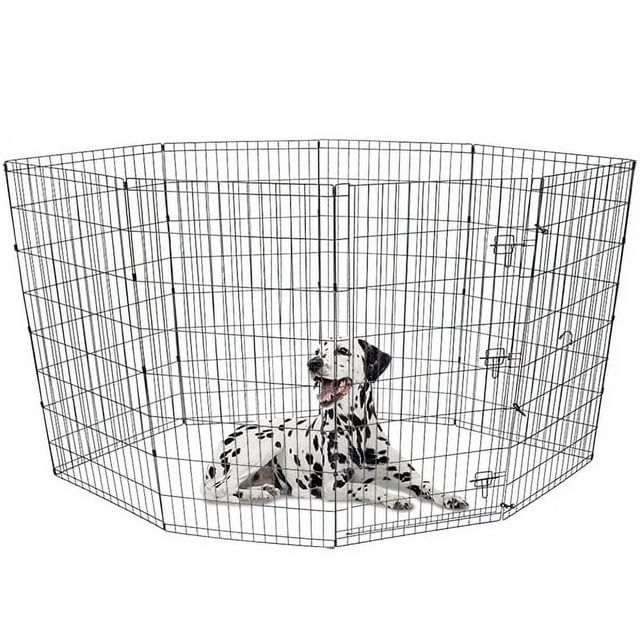 Vibrant Life Dog Pen, 42-inch indoor and outdoor pet exercise play pen with heavy-duty non-corrosive metal frame and slide bolt latches, octagonal shape providing clear visibility and ventilation, shown with a Dalmatian dog inside, folds flat for easy storage.