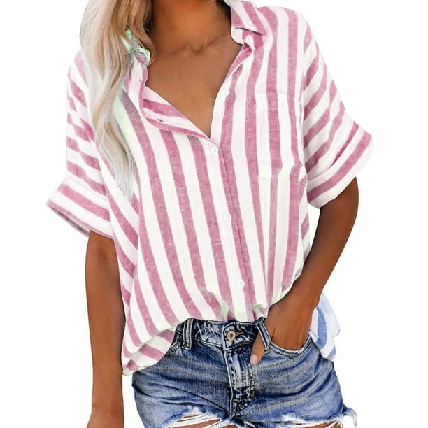 Camisas de Manga Corta para las Mujeres Impresas Cuello Redondo Blusa Casual, Camisas de Manga Corta para las Mujeres