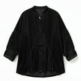 thumbnail image 4 of Lenpel Velvet Tops for Women Long Sleeve Mock Neck High Low Hem Pleated Button down Shirts Velour Tunic Tops Dressy Casual Blouses(Black,Medium), 4 of 7