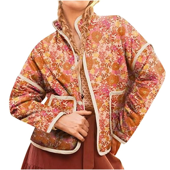 STETMN Warm Quilted Jackets for Women Floral Print Puffer Jacket Long Sleeve Short Outwear Coats