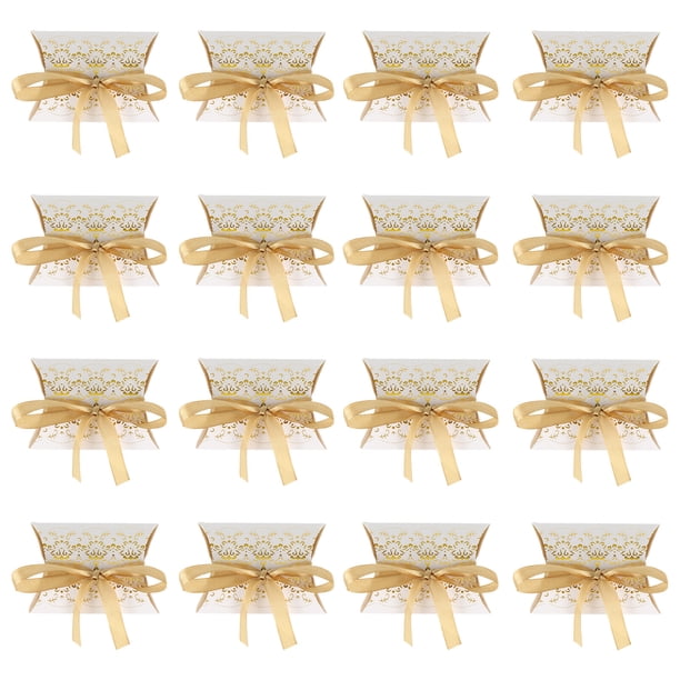 Cajas de caramelo de papel de papel de 50pcs Forma de almohada Cajas de caramelo de boda con cinta dorada