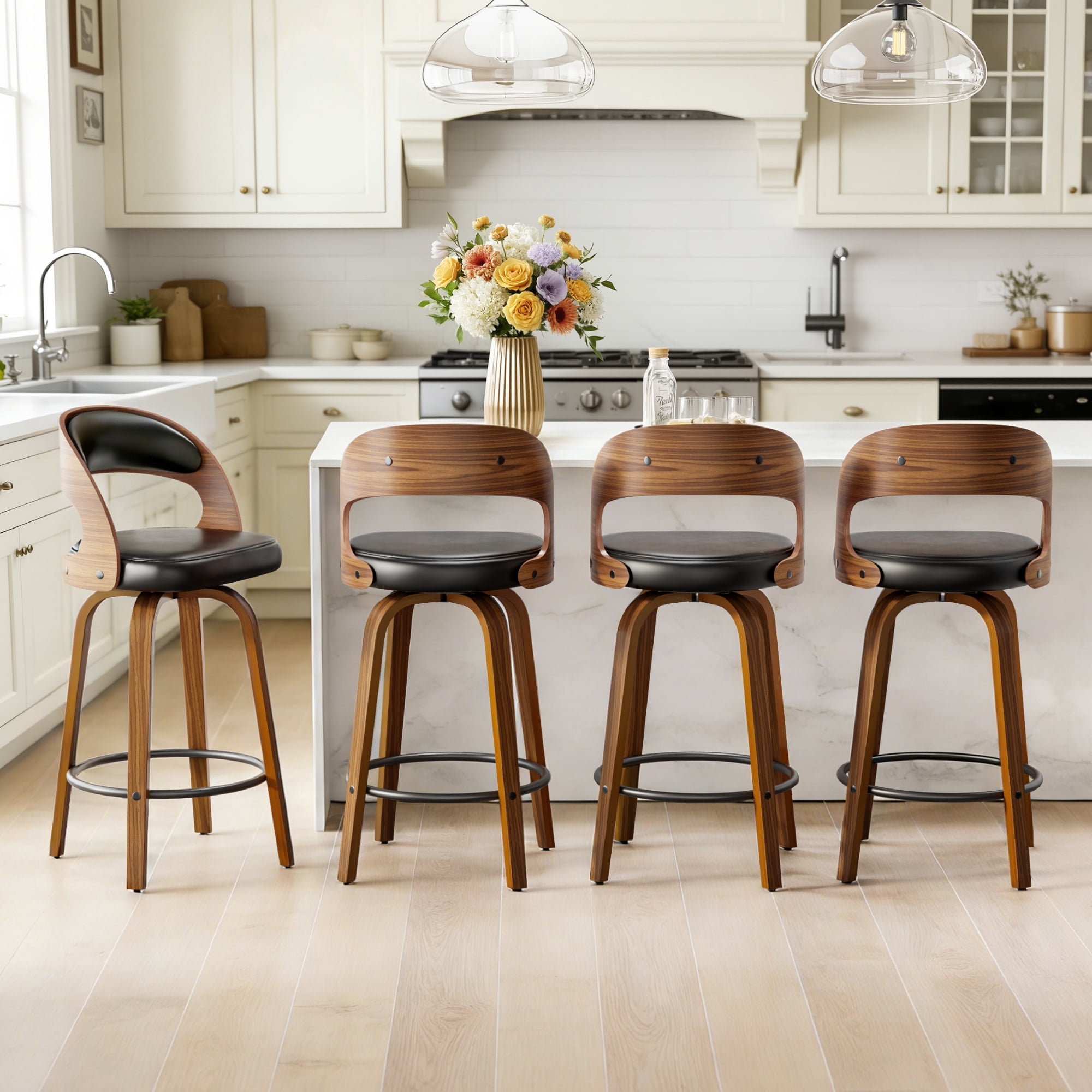 SUNCOZE Bar Stools Set of 2, 26 Inch Counter Height Modern Swivel Bar Chairs with PU Leather Upholstery and Solid Wood Legs, for Kitchen Island or Home Bar, Black