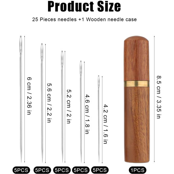 25pcs Large Eye Sewing Needles, Stainless Steel Tapestry Sharp Needle Hand Knitting Embroidery Needles Wool Needle with Wooden Needle Case Yarn Knitting Needles for Crochet Projects (5 Sizes)