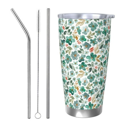 

Gaeub Floral In Teal Print 20-Ounce Stainless Steel Car Cup Tumblers Cups with Lids and Straw Coffee Cups for Adults Kids Home Car Office School Travel Party-Straw Three-piece Set