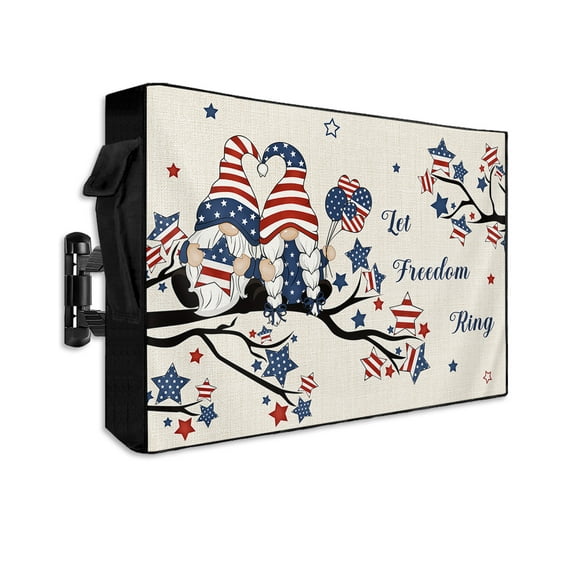 4th of July Outdoor TV Cover 60 to 65 Inch Waterproof, Independence Day Gnomes Blue Red Star Tree Rustic 600D Oxford TV Covers with Zipper, Outside Flat TV Screen Protector 58"Wx37"Hx4.5"D