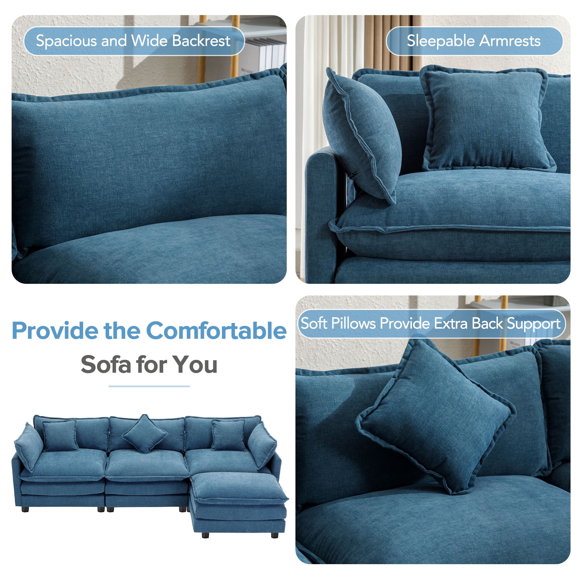 EUROCO 112.2" Modern L-Shape Sectional Sofa Couch, Chenille Upholstered Sofa with Ottoman and 5 Pillows, Indoor furniture for Living Room, Blue