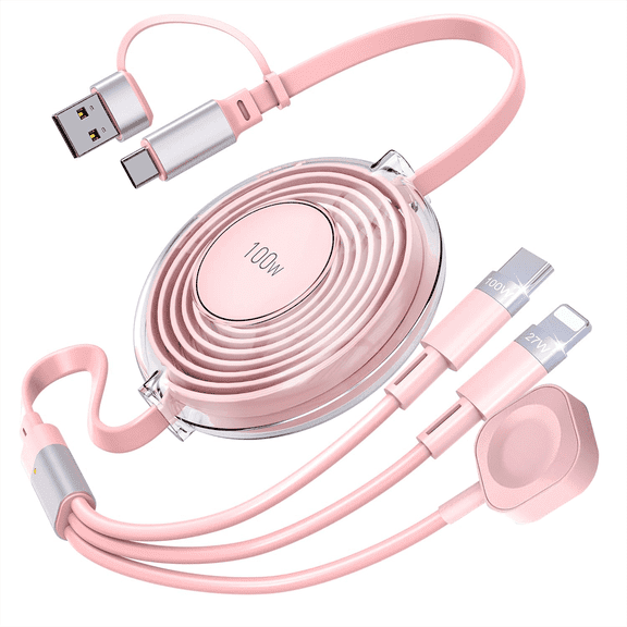 Bravoul 100W Retractable 5‑in‑1 Multi Charging Cable, Fast Charging & Data Transfer Cord for Apple Watch, iPhone, Android, Laptops, Pink