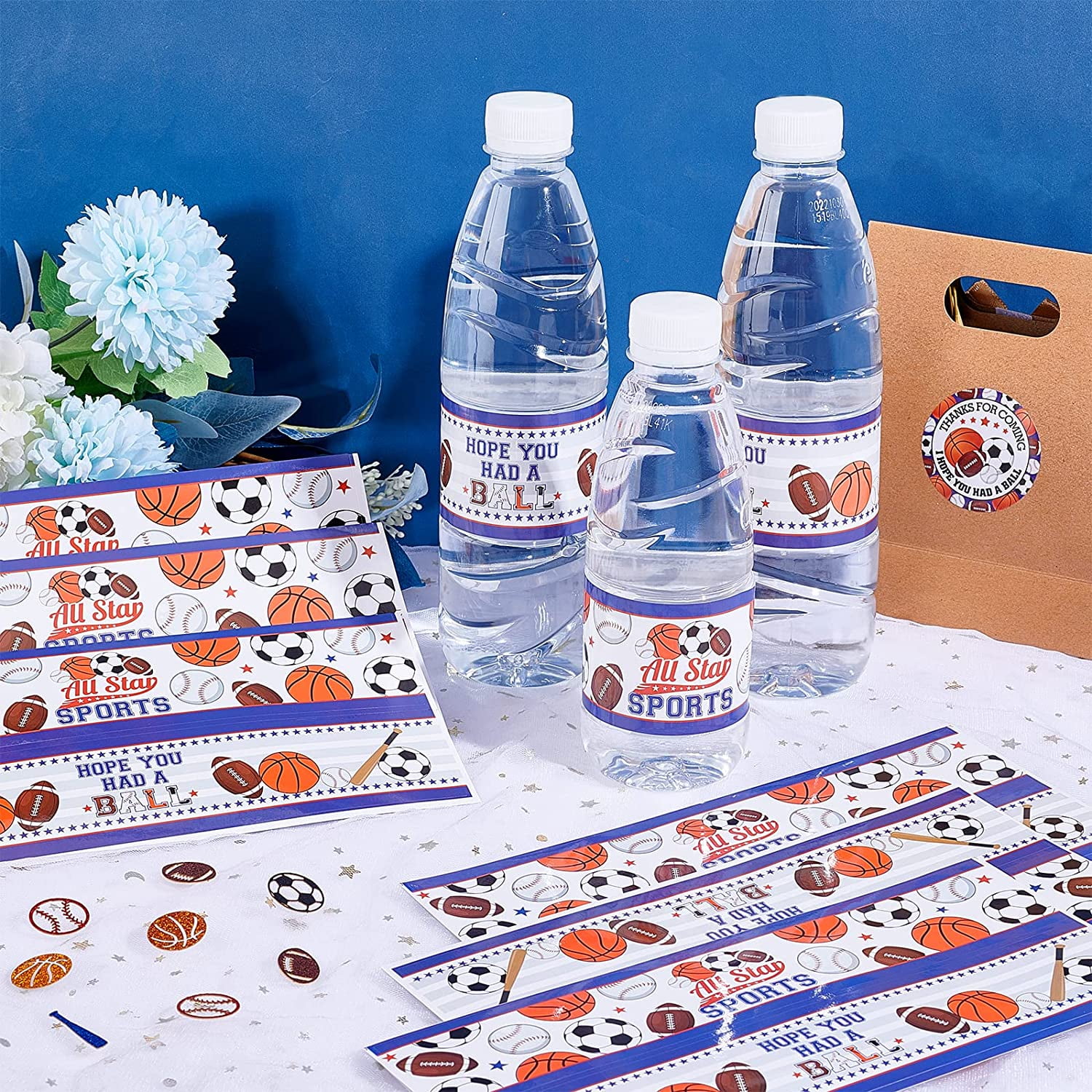28 Sports Balls Water Bottle Labels, Football, Baseball, Basketball and Soccer Sports Water Bottle Wrappers for Gameday Tailgate Party Sports Themed Party Decorations