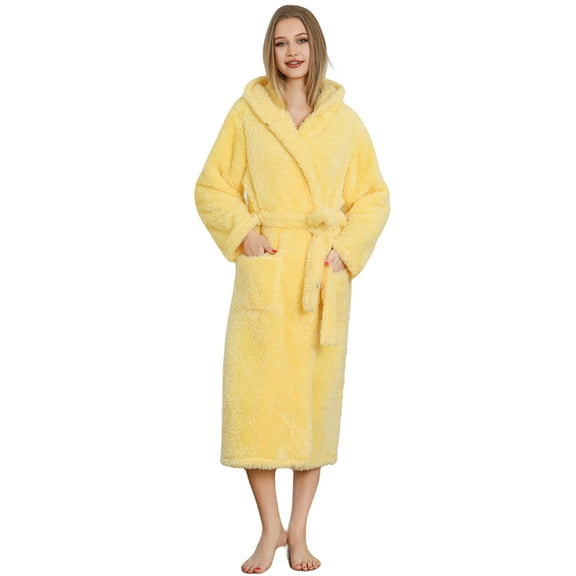 HEARTNICE Womens Fleece Hooded Robe, Soft Fluffy Long Warm Bathrobes Plush Loungewear,(Pale Yellow,L-XL)