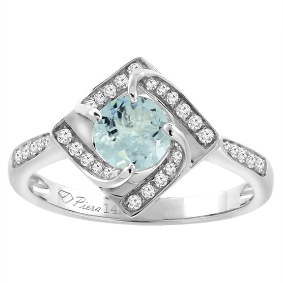 14K White Gold Diamond Natural Aquamarine Engagement Ring Round 7 mm, size 6