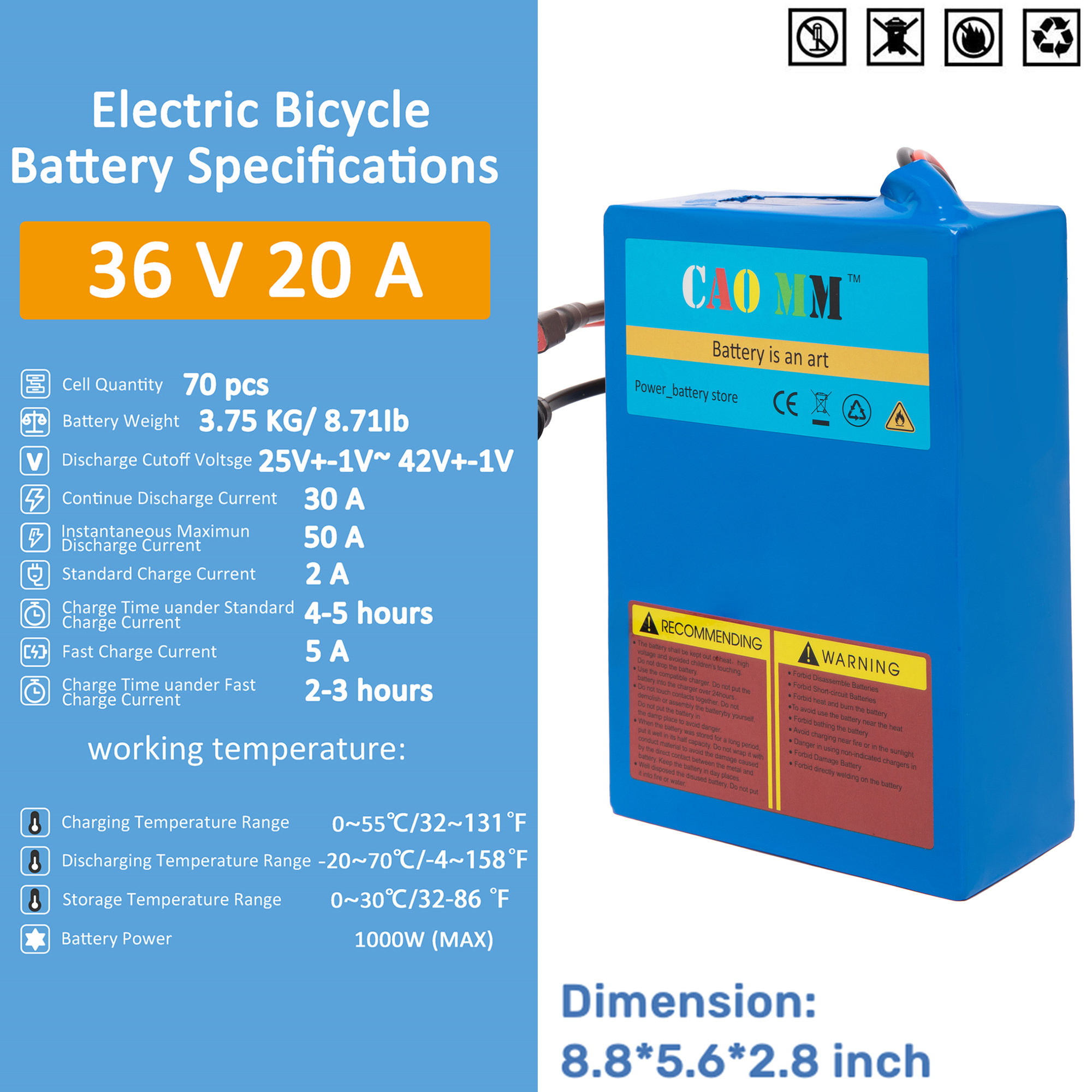 36V 20Ah Ebike Battery 1000W 36V Lithium Battery with 5A Fast Charger for Electric Bike Scooter