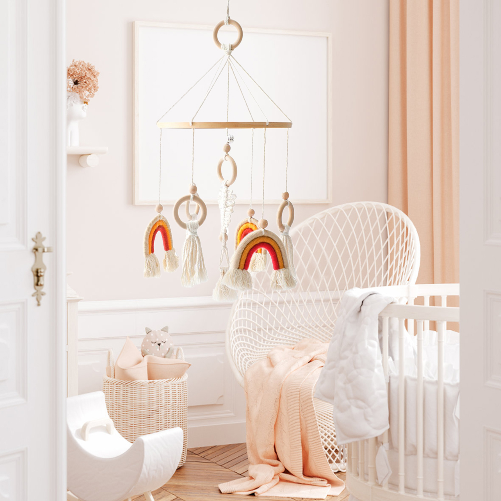 Rainbow Crib Bell – Baby Bed Hanging Wind Chime with Tassels & Wooden Rings, Rotating Swaying Bell for Newborn, Infant Sensory & Nursery Room Decoration