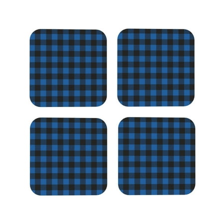 

Coasters Set of 4 - Blue black plaid A Drink Coasters for Tabletop Protection Leather Coasters for Living Room Decor and Housewarming Gift Square
