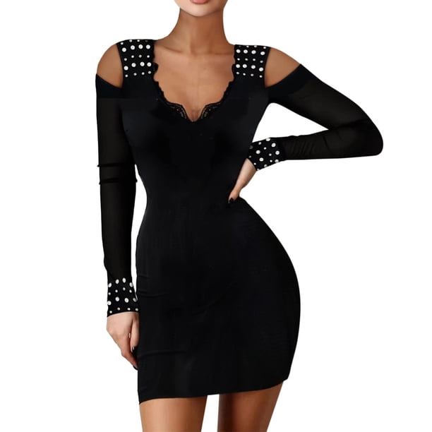 Minivestidos de mujer Gradiente sólido Escote en V Costura fuera del hombro Bodydoll Vestido de encaje de malla Vestido con cinturón Fridja NMB3974