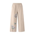 thumbnail image 5 of Tbopshirt Pants for Women Elastic Waist Floral Embroidery Wide Leg Capri Pants Side Pockets Textured Casual Trousers,Beige,M-4XL, 5 of 7