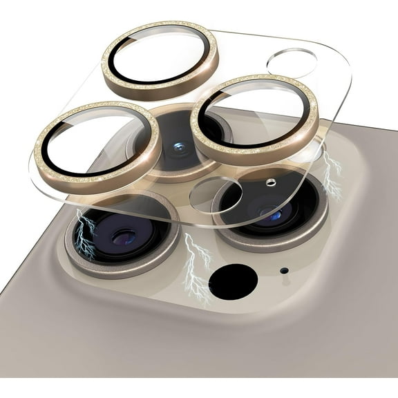 for iPhone 15 Pro/iPhone 15 Pro Max Glitter Camera Lens Protector, Clear Acrylic Plus Aluminium Alloy Ring 9H Tempered Glass Screen Camera Cover for iPhone 15 Pro Max/15 Pro, Gold