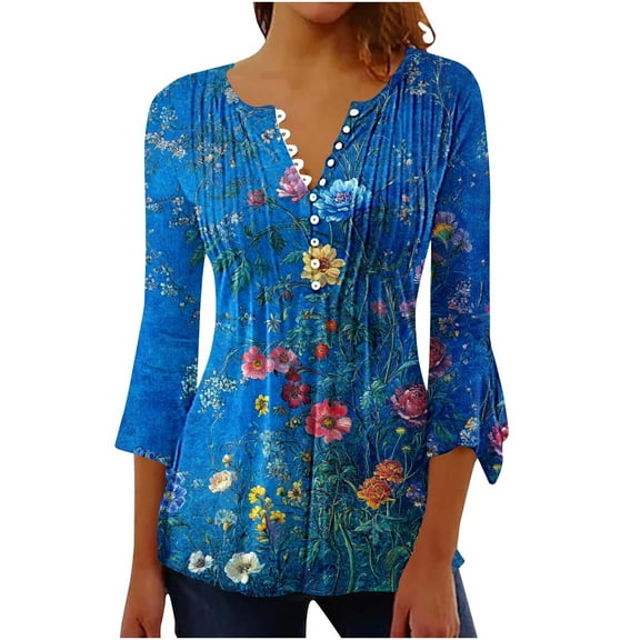 CYMMPU Flower Pattern 3/4 Sleeve Loose Fit Spring Tops Blouses for Women Dressy Casual Summer Trendy Shirts T-Shirts Button V Neck Flare Sleeve Empire Waist A Line T-Shirts Multicolor XXL