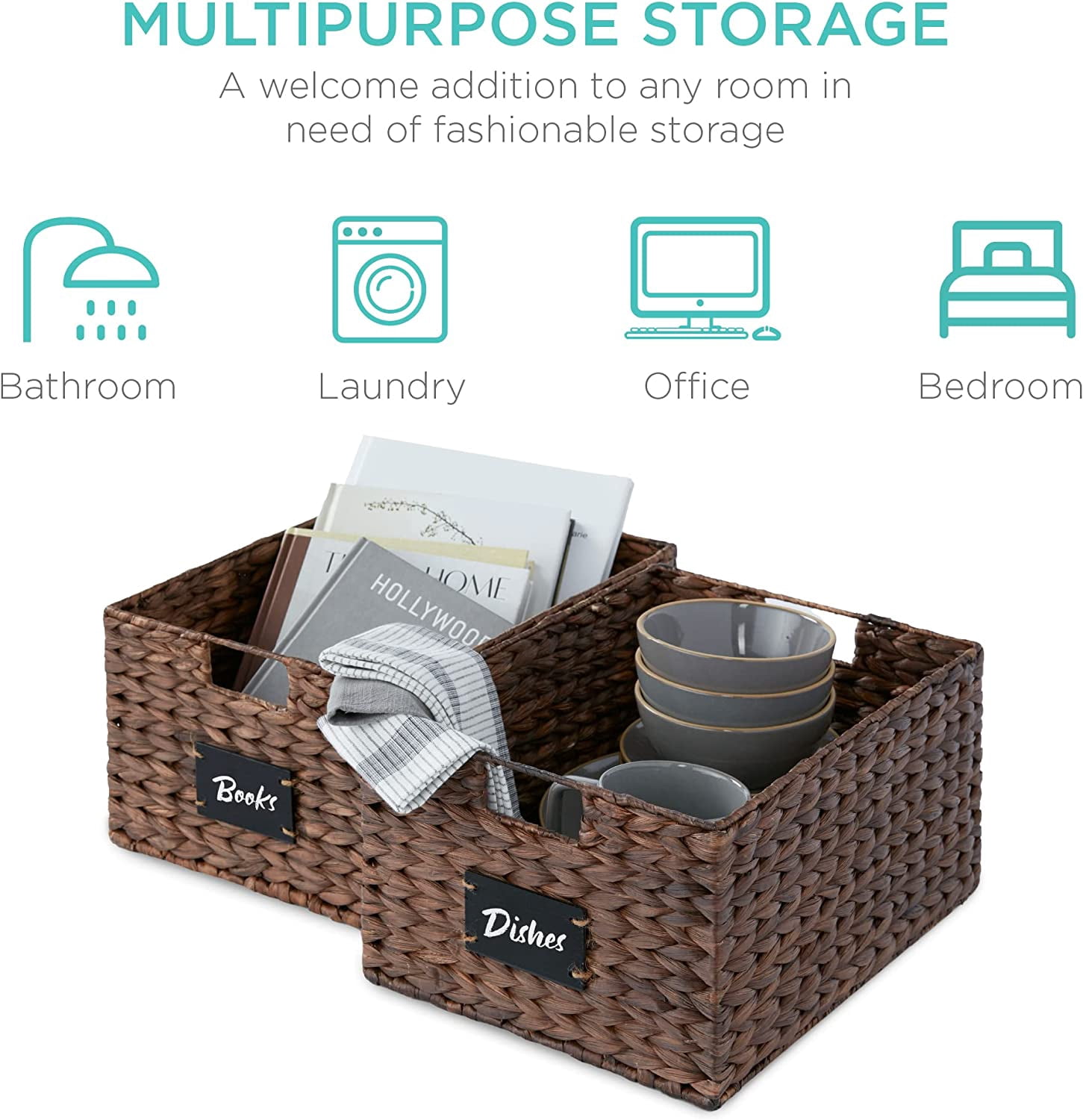 JFTER Pantry Baskets Set of 2 16x12in Water Hyacinth Storage Baskets, Woven Wicker Kitchen Organizers with handles w/Chalkboard Label Chalk Marker - Brown
