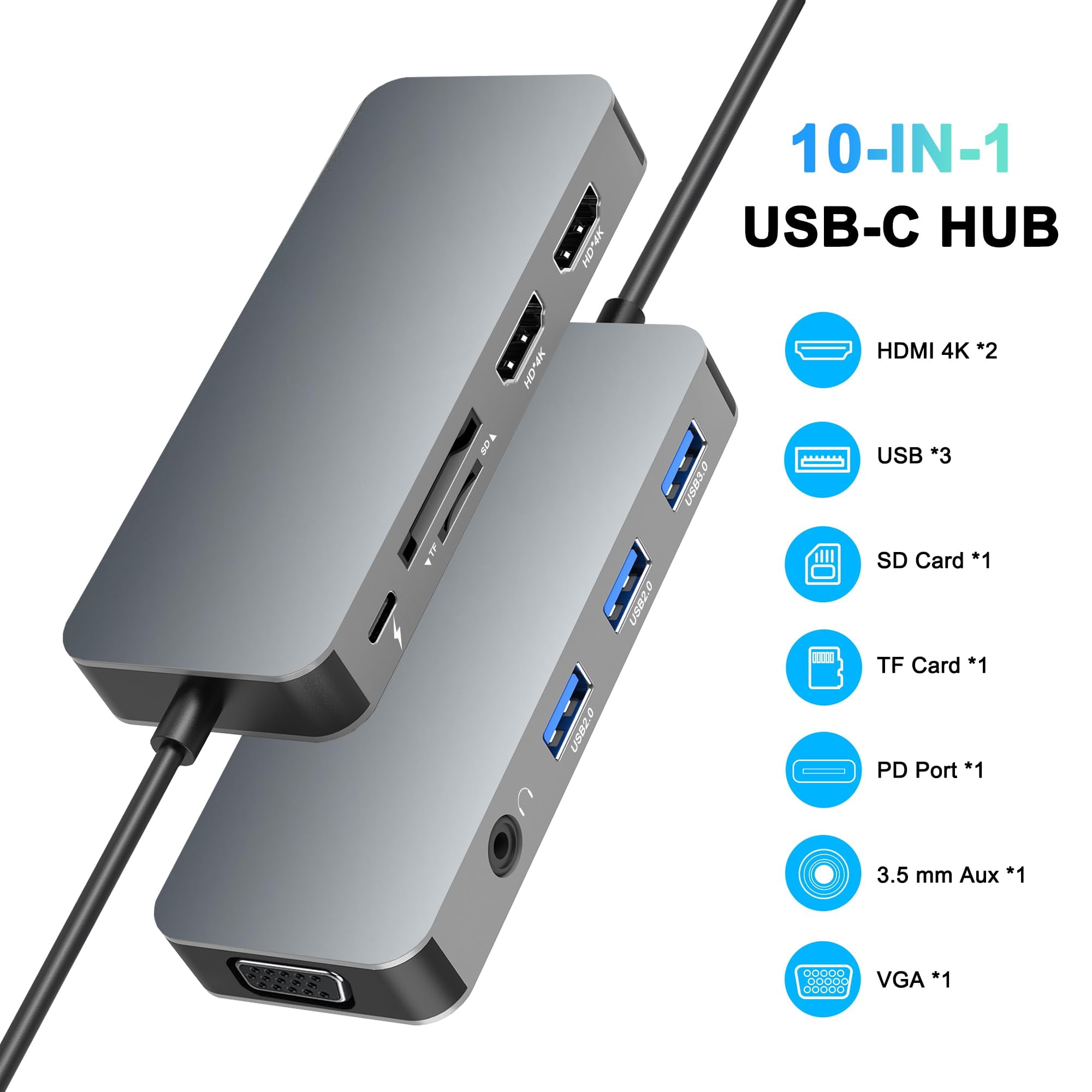Docking Station Dual Monitor, USB C to Dual HDMI Adapter, Computer Docking Station for Laptop, Dual Monitor Adapter, 10 in 1 USB C Hub Multiport with HDMI/VGA/PD/USB/SD/TF/3.5mm Audio