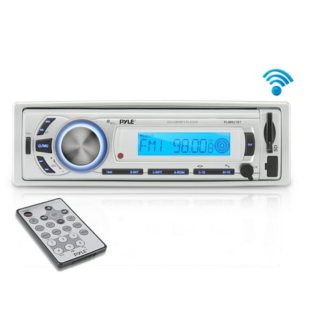 PYLE PLMR21BT - Marine Bluetooth Stereo Radio - 12v Single DIN Style Digital Boat in Dash Radio Receiver System with Built-in Mic (White)