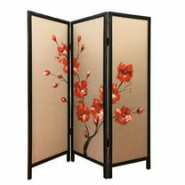 60" x 1" x 63" Brown Fabric And Wood Blooming  3 Panel Screen