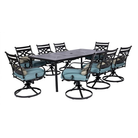 Hanover Montclair 9-Piece Dining Set in Ocean Blue with 8 Swivel Rockers and a 42-In. x 84-In. Table