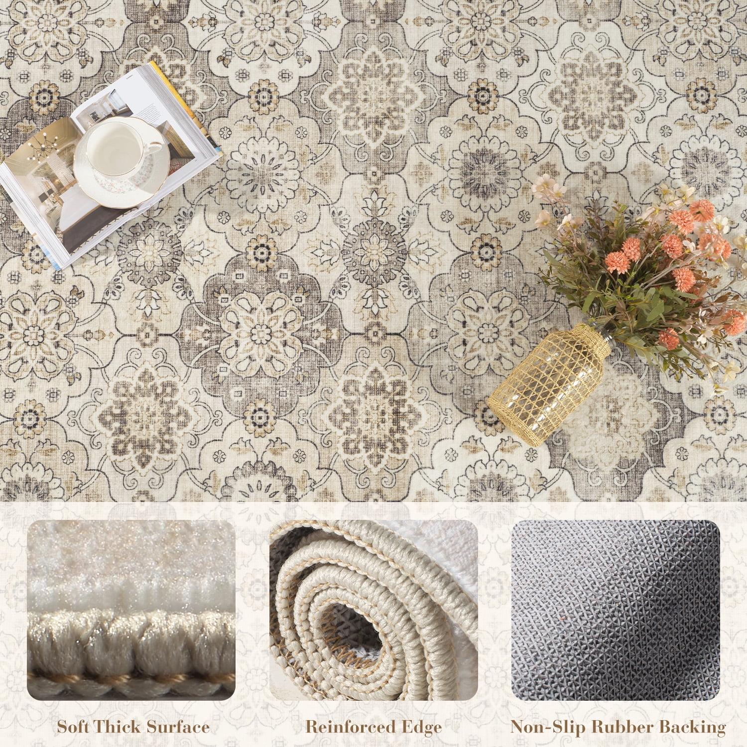 SIXHOME 9'x12' Area Rugs for Living Room Washable Vintage Floral Rugs Artistic Carpet Neutral Soft Rugs for Bedroom Dinning Room Office Home Decor Beige