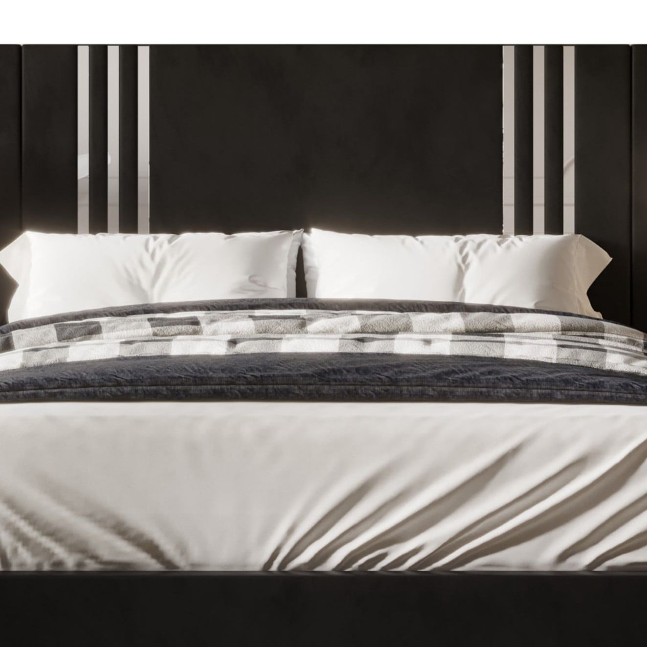 Home Design Laytec King Velvet Upholstered Platform Bed Frame with Rectangular Headboard and Wall Panels, Black, Easy Assembly