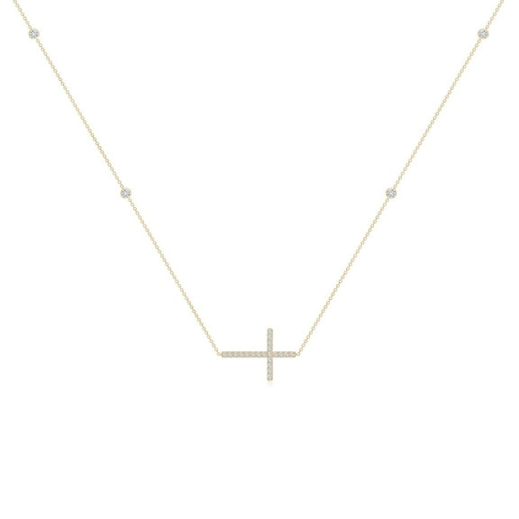 ANGARA Natural Diamond Sideways Cross Station Necklace in 14K Yellow Gold for Women (Size-2mm| Color-H| Clarity-SI2) | April Birthstone, Anniversary, Jewelry Gift for Women | Natural Diamond Necklace