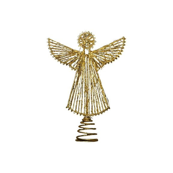 Gold Glowing Angel Christmas Tree Topper, Lighted Glitter Hollow Wire Angel with Star, LED Xmas Tree Topper for Holiday Tree Decoration, Christmas Home Décor, Party Gift & Festival Display
