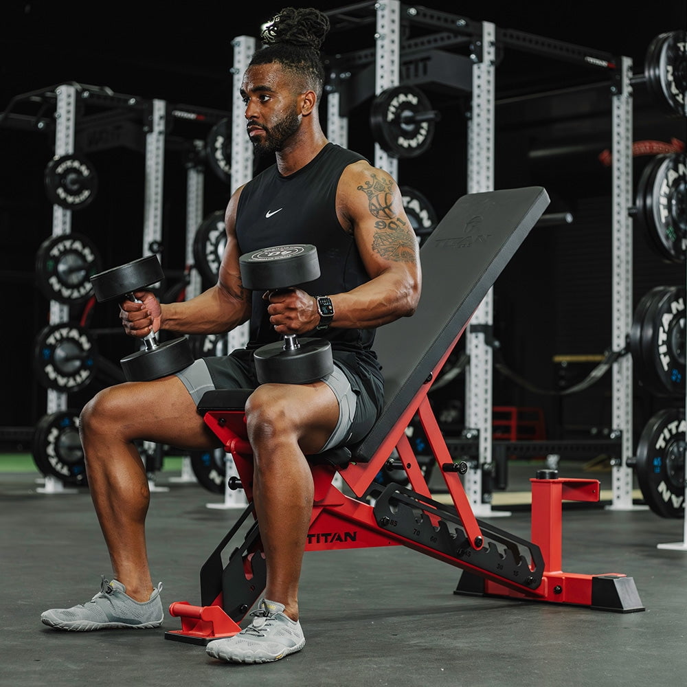 Titan Fitness TITAN Series Red Adjustable Bench, Supports 600 LB Incline, 1,000 LB Flat