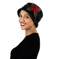 thumbnail image 4 of Womens Hat Luxury Fleece Cloche Ladies Cancer Headwear Chemo Winter Head Coverings Plush Double Layer Olivia (Black with Red), 4 of 5