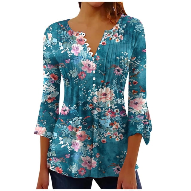 Blouses pour Femmes, T-Shirts pour Femmes, T-Shirt Imprimé Mode pour Femmes Manches 3/4 Blouse Col en V Décontractée