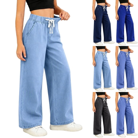 Falkdiz Girls Denim Pants Outdoor Gift Trousers Relaxed fit Wide Leg Solid Color Elastic Waist Drawstring Pockets for Girls Casual , Black , Size: 10