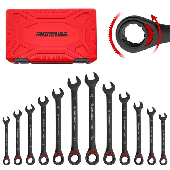 IRONCUBE 12-Piece Ratcheting Wrench Set: Metric 8mm to 19mm - 72-Tooth - Tough Black - Chrome Vanadium Steel - with Organizer