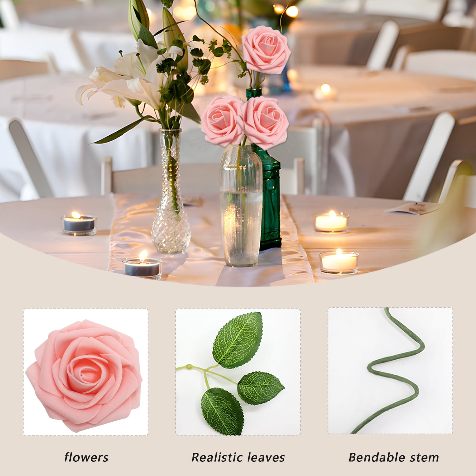 Artificial Flowers Pink Roses 200PCS Real Looking Foam Fake Roses with Leaves and for DIY Wedding Bouquets Bridal Shower Centerpieces Party Decorations