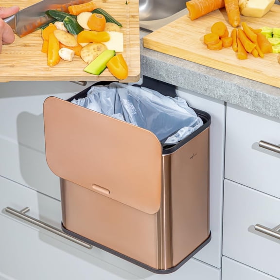 RedFactor Stainless Steel Hanging Trash Can with Lid and Inner Bucket – Slim 1.3 Gallon Odor-Free Compost Bin for Kitchen Cabinet, Countertop, Under Sink, or Bathroom (Copper)