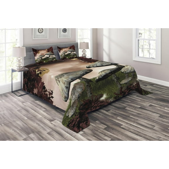 Ambesonne Scenery Quilted Coverlet 3 Pcs, Forest, Queen Size, Maroon Grey