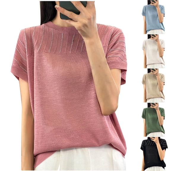 Summer Plus Size Tops for Womens Fshion Casualolid Color Knit Round-Neck Blouses