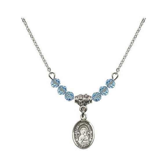 18-Inch Rhodium Plated Necklace with 4mm Blue March Birth Month Stone Beads and Our Lady of Perpetual Help Charm