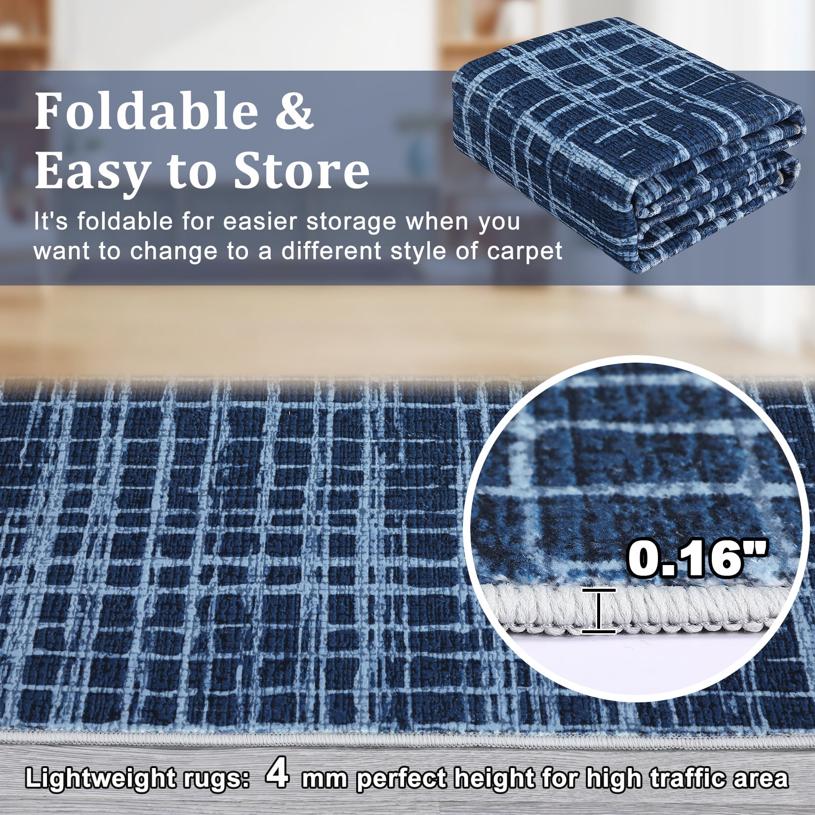 Hasoo Washable Large 10' x 13' Geometric Grid Area Rug for Living Room Soft Indoor Carpet, Blue